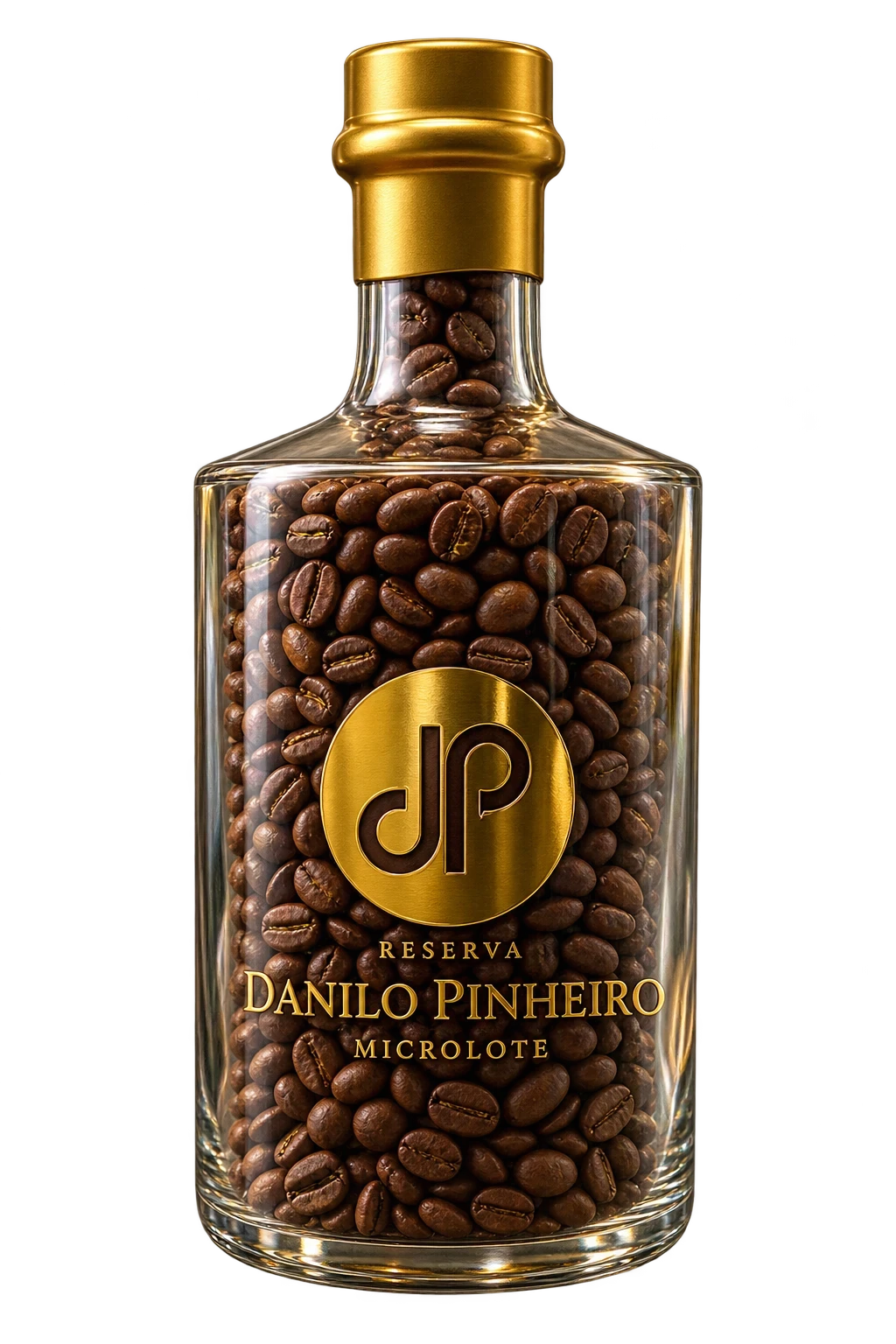 Garrafa da Reserva Danilo Pinheiro, microlote, com grãos de café e tampa dourada